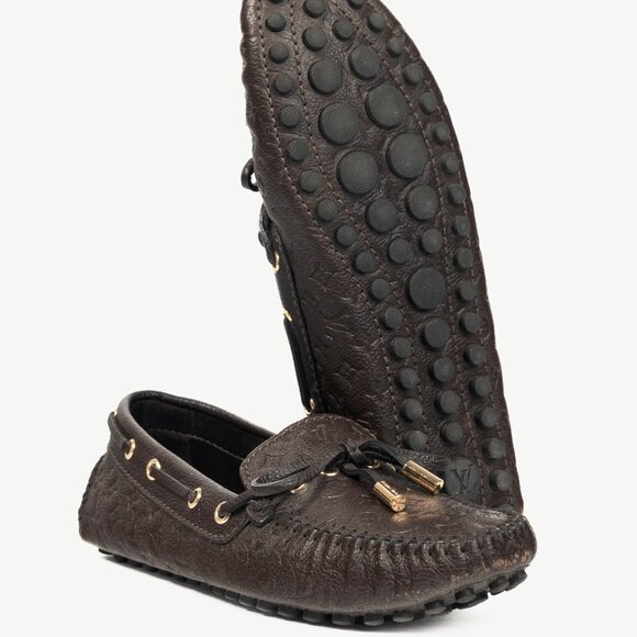 Louis Vuitton Gloria Brown Monogram-Embossed Leather Flat Loafers - Picture 5 of 14